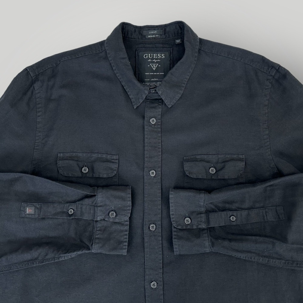 GUESS Logan Shirt Mens XXL 2XL Black Cotton Regular Fit Button Front